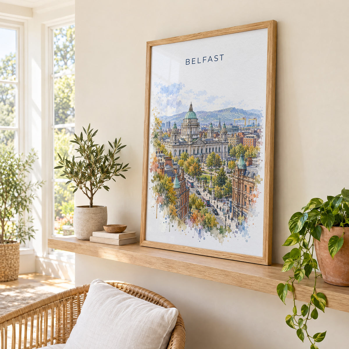 Belfast watercolor print in an oak frame on a picture ledge in a sunlit sunroom