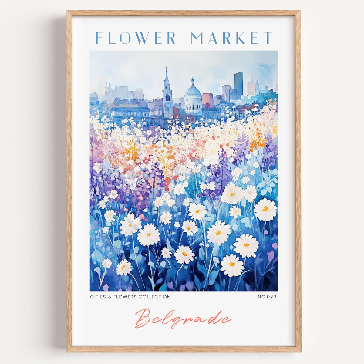 Belgrade flower market print in a light oak frame on a plain white wall