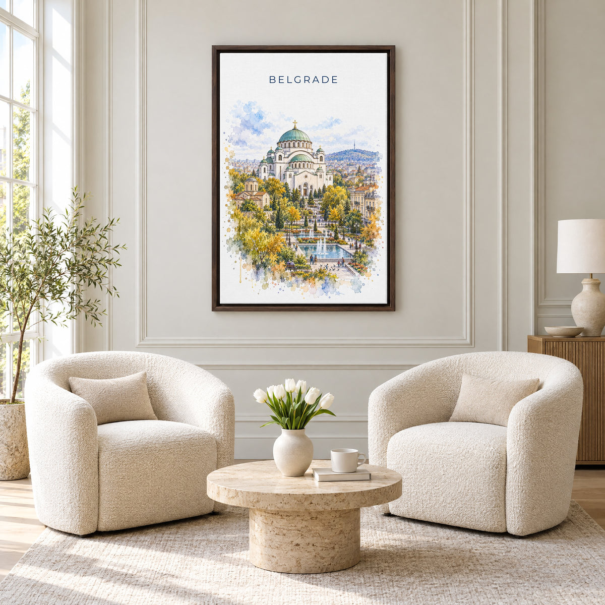 Belgrade watercolor print as an espresso floater canvas above two boucle armchairs in a hotel lounge
