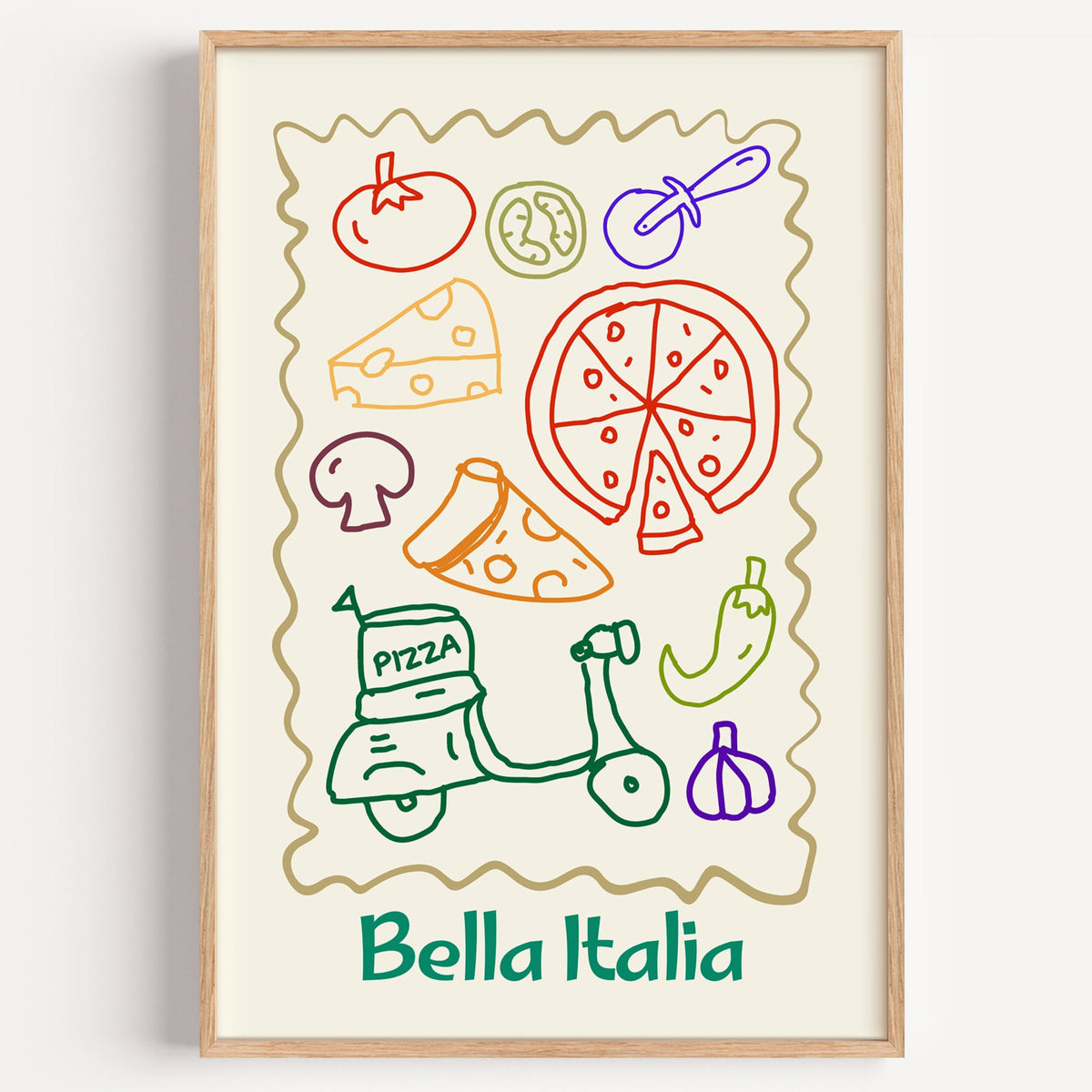 Bella Italia pizza scooter doodle print in a light oak frame on a plain white wall