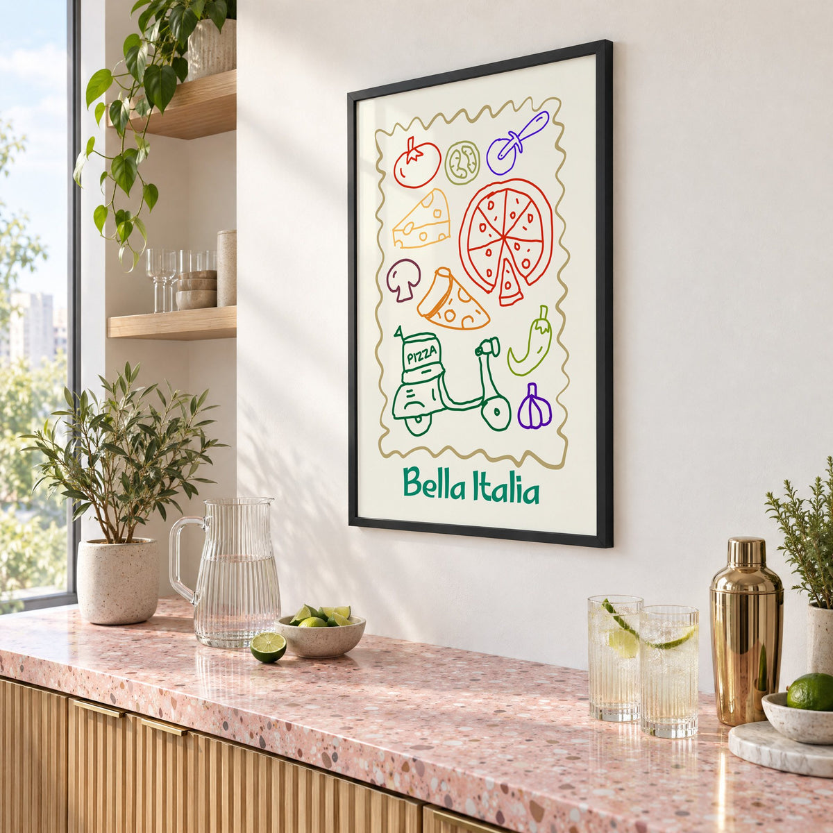 Bella Italia pizza scooter doodle print in a black frame above a pink terrazzo cocktail counter with limes, seen at an angle