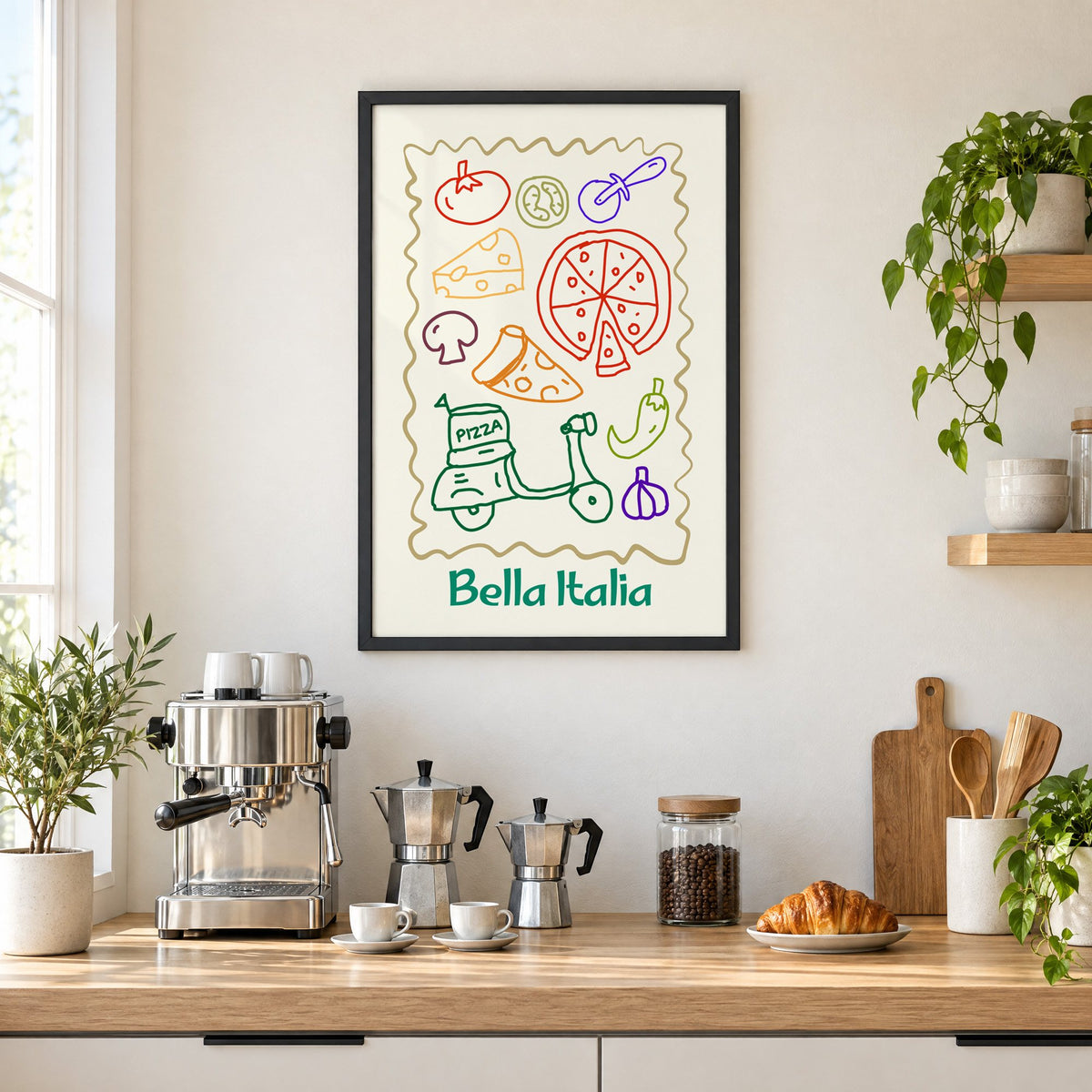Bella Italia pizza scooter doodle print in a black frame above a home espresso bar with moka pots and espresso cups
