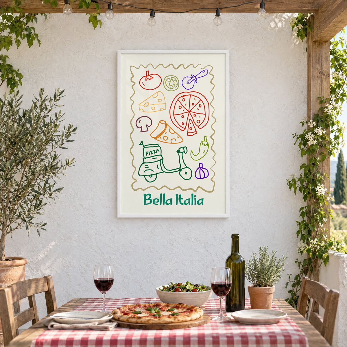 Bella Italia pizza scooter doodle print in a white frame on a stucco wall above a checked-cloth table with pizza and red wine