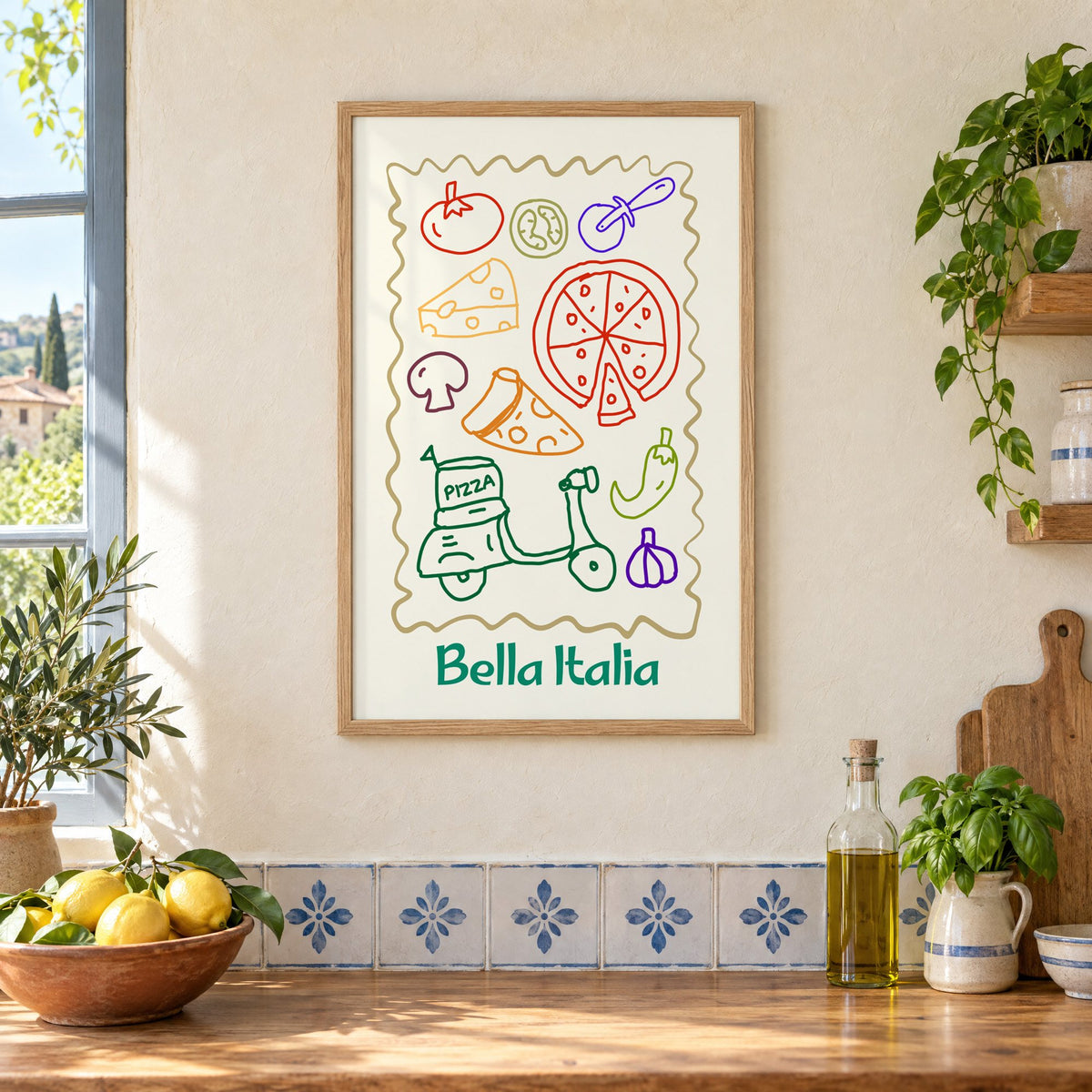 Bella Italia pizza scooter doodle print in an oak frame on a cream plaster wall above a worktop with a bowl of lemons and blue-and-white tiles