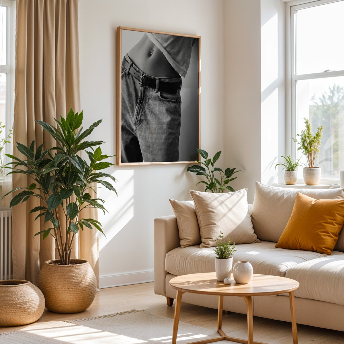 Belly piercing above faded jeans and belt buckle print in an oak frame above a cream sofa beside woven planters