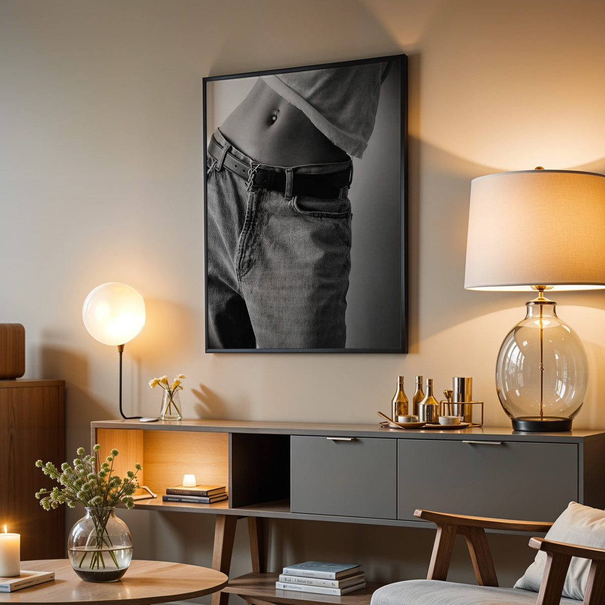 Belly piercing above faded jeans and belt buckle print in a black frame above a grey media console with a glass table lamp