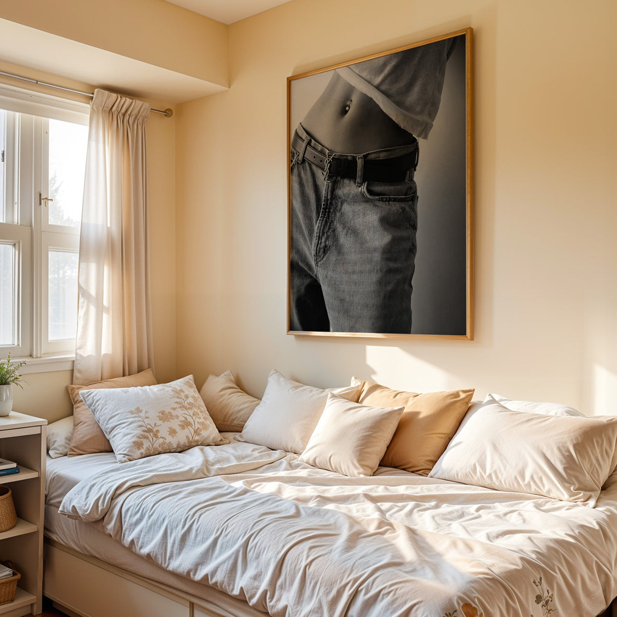 Belly piercing above faded jeans and belt buckle print in an oak frame above a cream daybed in a sunny bedroom