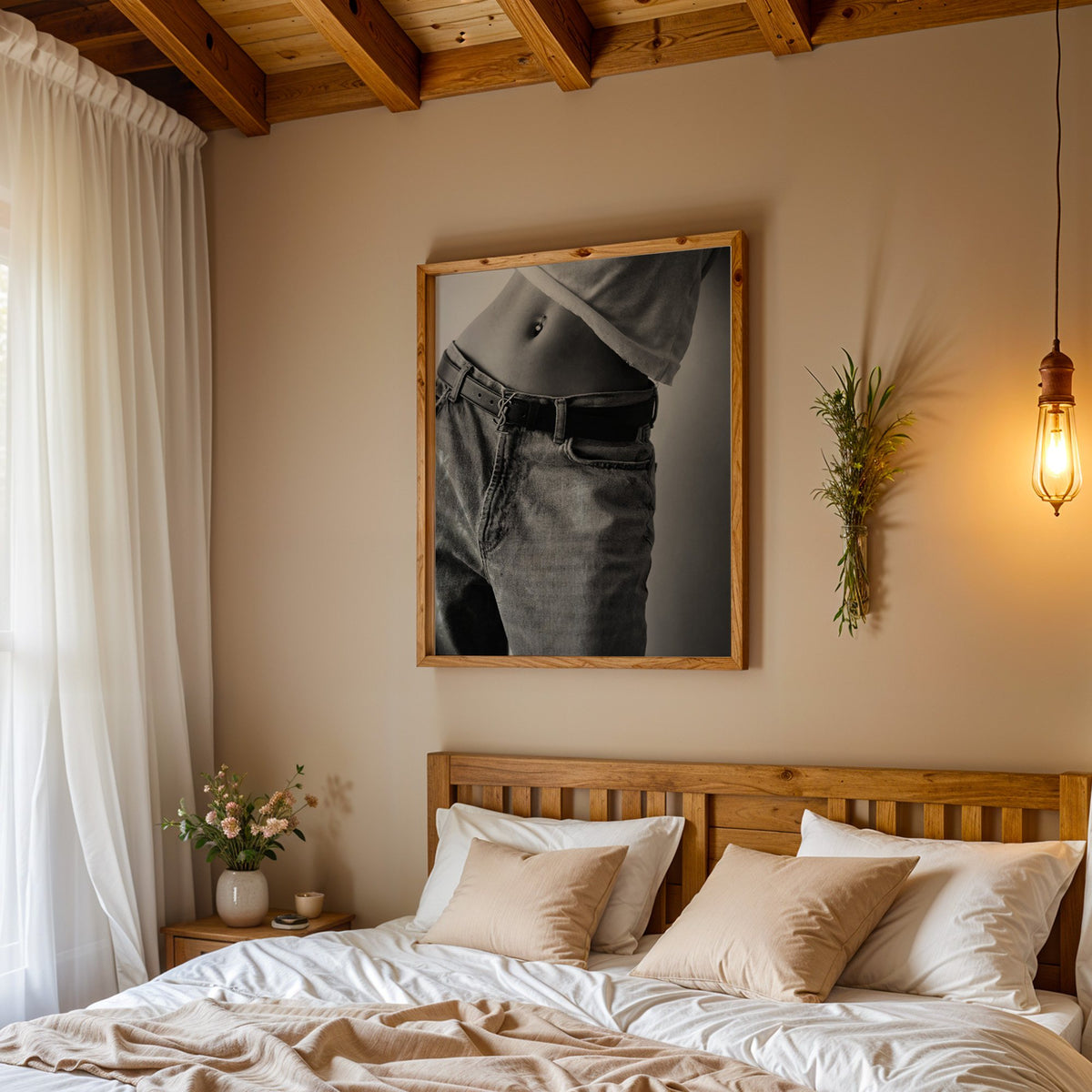 Belly piercing above faded jeans and belt buckle print in a pine frame above a wood headboard bed under a pendant bulb