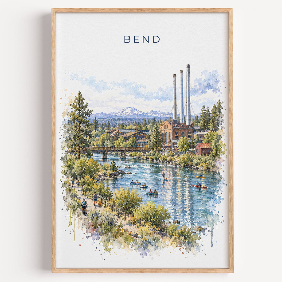 Bend, Oregon watercolor print in a light oak frame on a plain white wall