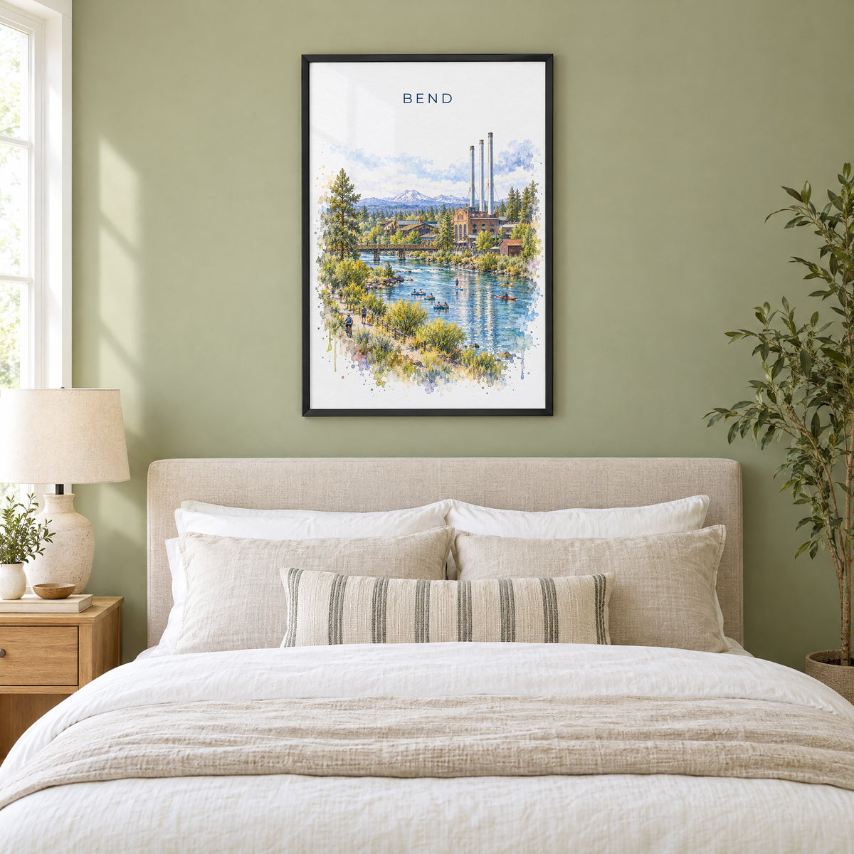 Bend, Oregon watercolor print in a black frame above an upholstered headboard in a sage green bedroom