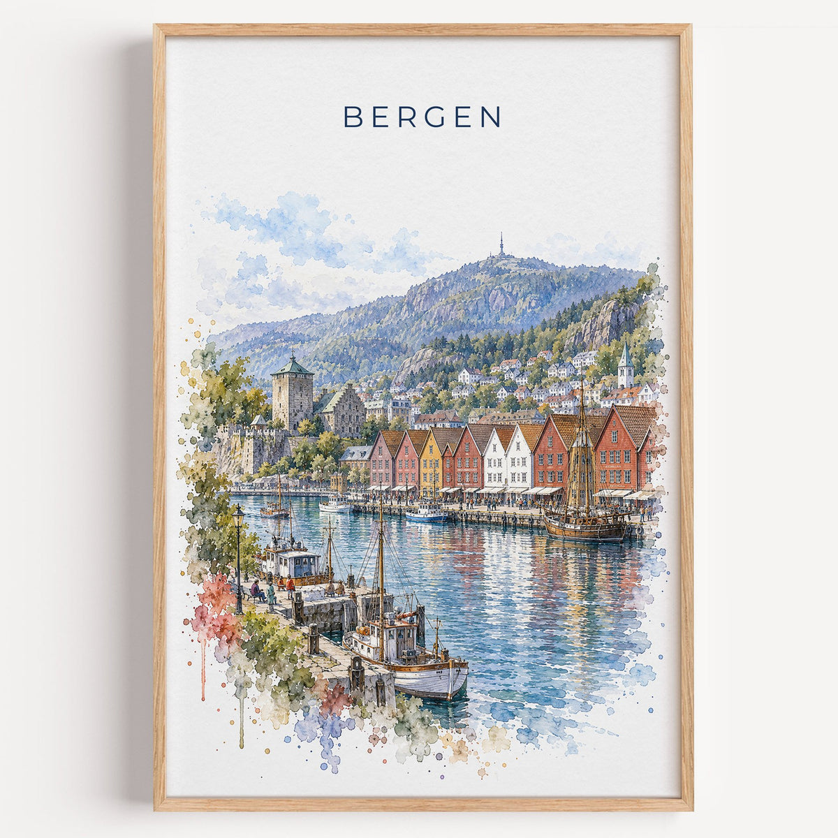 Bergen, Norway watercolor print in a light oak frame on a plain white wall