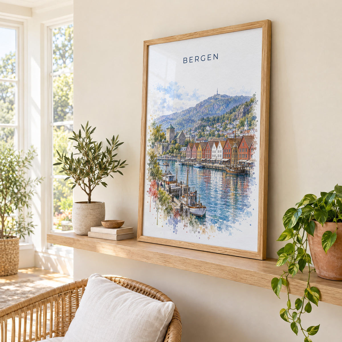 Bergen, Norway watercolor print in an oak frame on a picture ledge in a sunlit sunroom