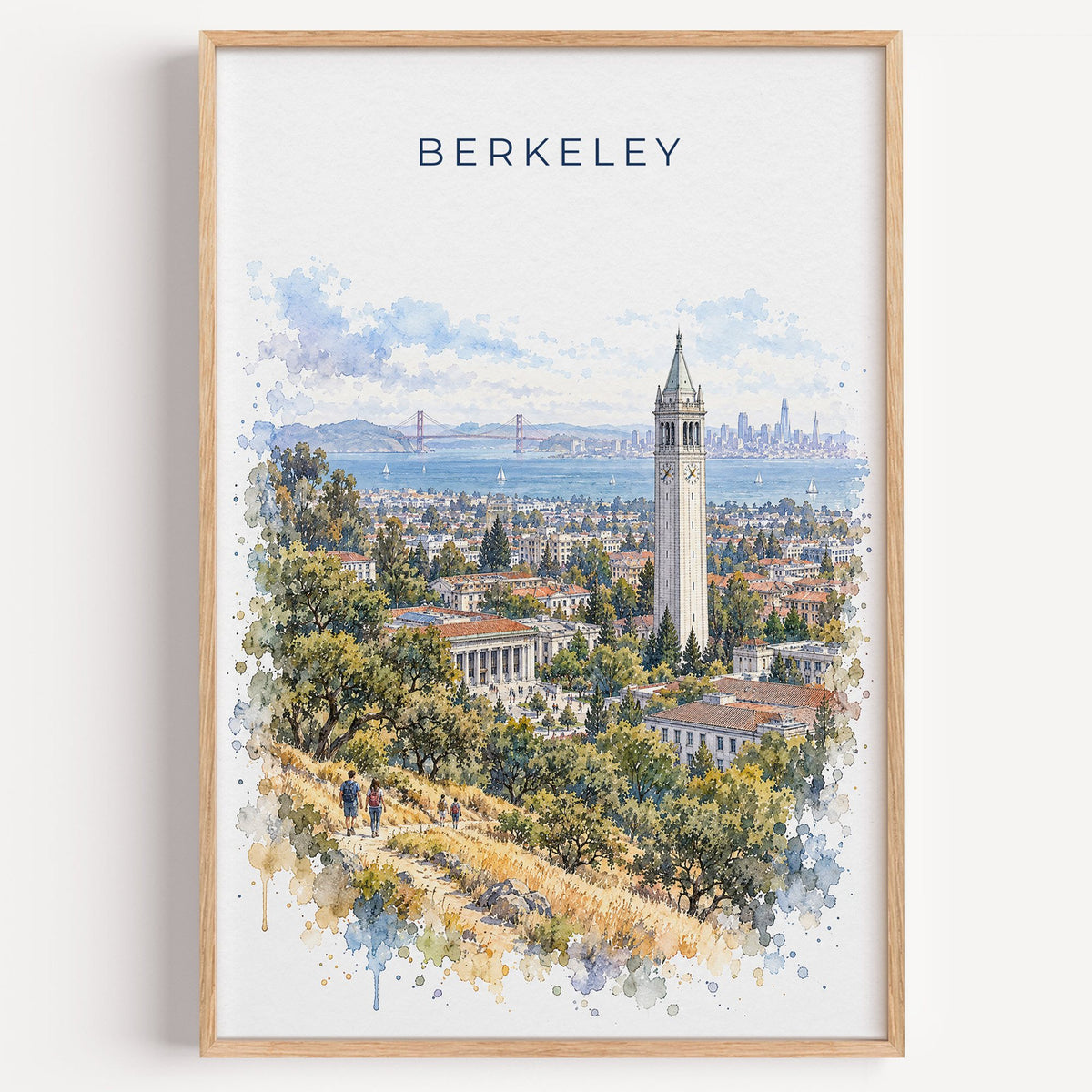 Berkeley watercolor print in a light oak frame on a plain white wall