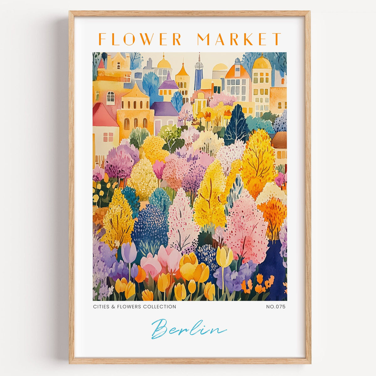 Berlin flower market print in a light oak frame on a plain white wall