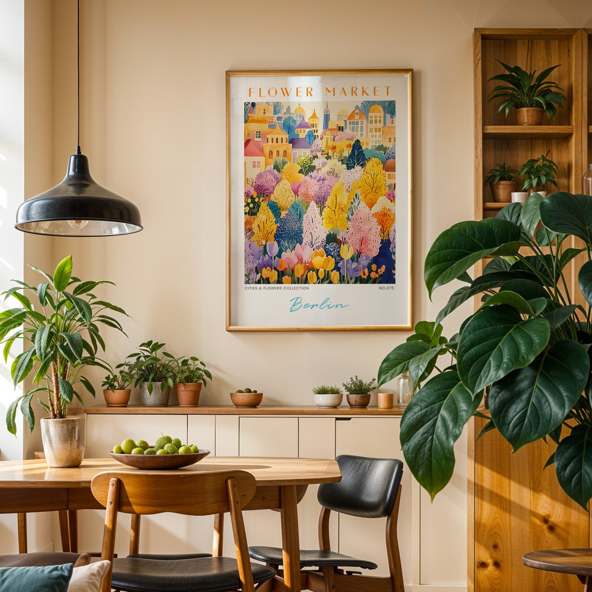 Berlin flower market print in an oak frame above a dining sideboard lined with potted plants