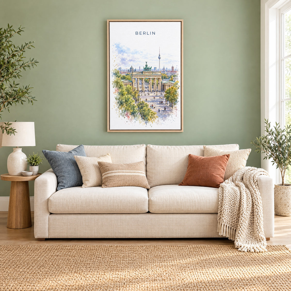 Berlin watercolor print as a natural floater canvas above a cream linen sofa on a sage green wall