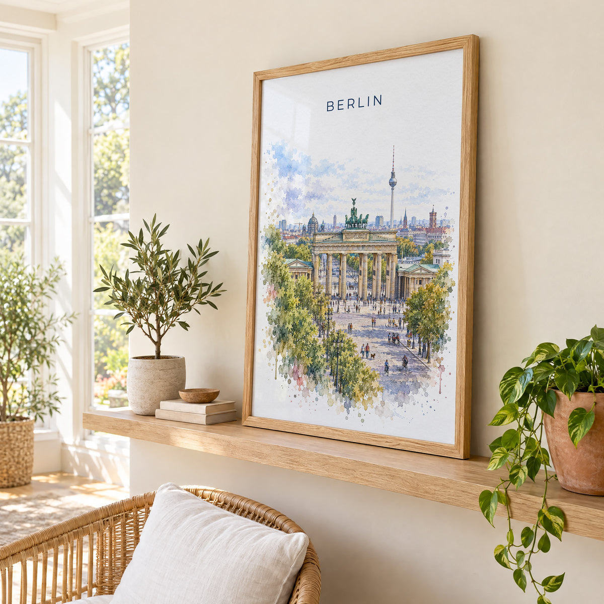 Berlin watercolor print in an oak frame on a picture ledge in a sunlit sunroom
