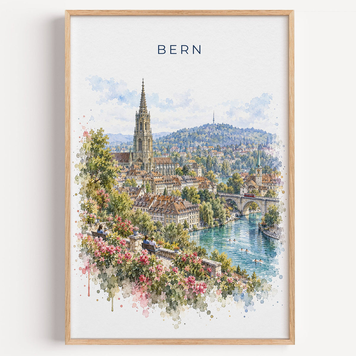 Bern, Switzerland watercolor print in a light oak frame on a plain white wall