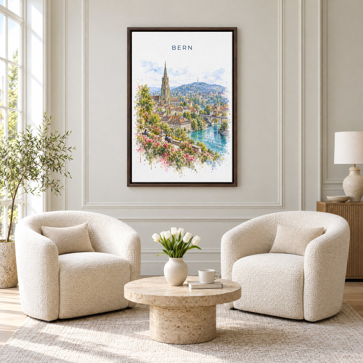 Bern, Switzerland watercolor print as an espresso floater canvas above two boucle armchairs in a hotel lounge
