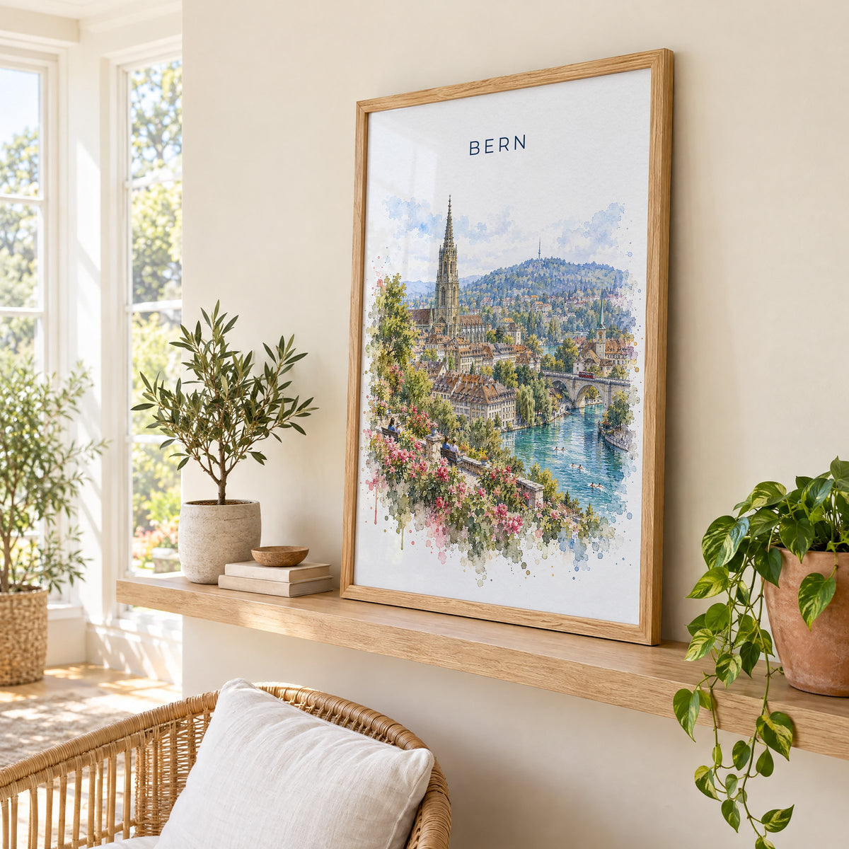 Bern, Switzerland watercolor print in an oak frame on a picture ledge in a sunlit sunroom