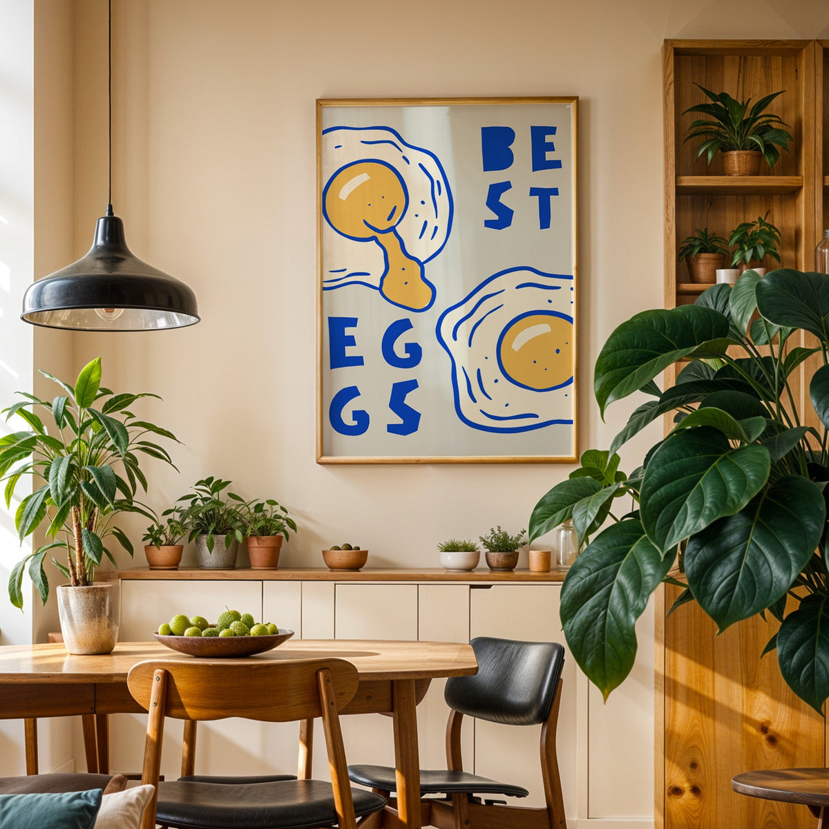 Best Eggs print in an oak frame in a dining room above a plant-lined sideboard