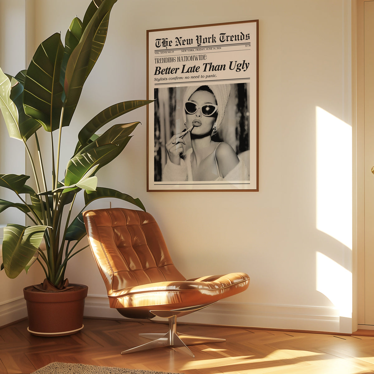 Woman applying lipstick mock newspaper print in a walnut frame above a leather lounge chair