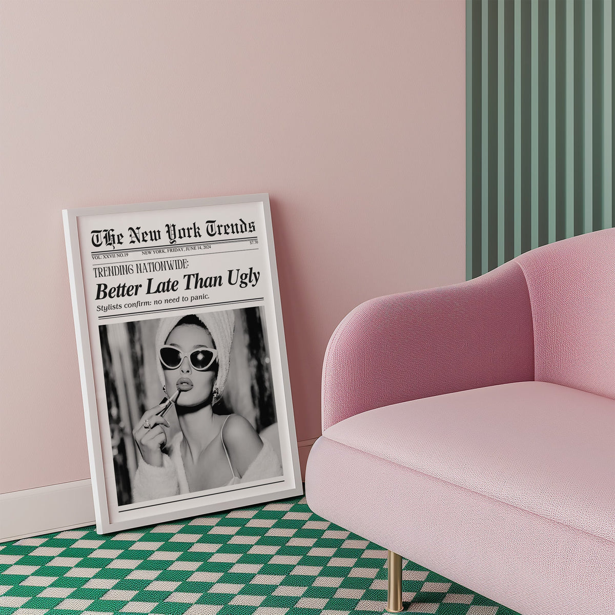 Woman applying lipstick mock newspaper print in a white frame beside a pink armchair on a checkered floor