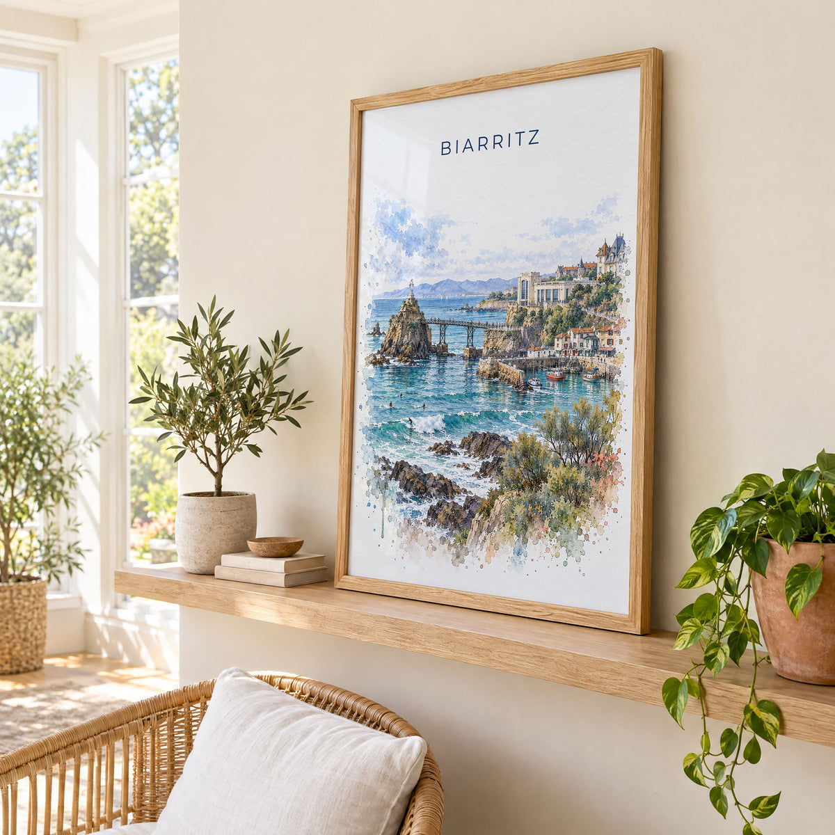 Biarritz watercolor print in an oak frame on a picture ledge in a sunlit sunroom