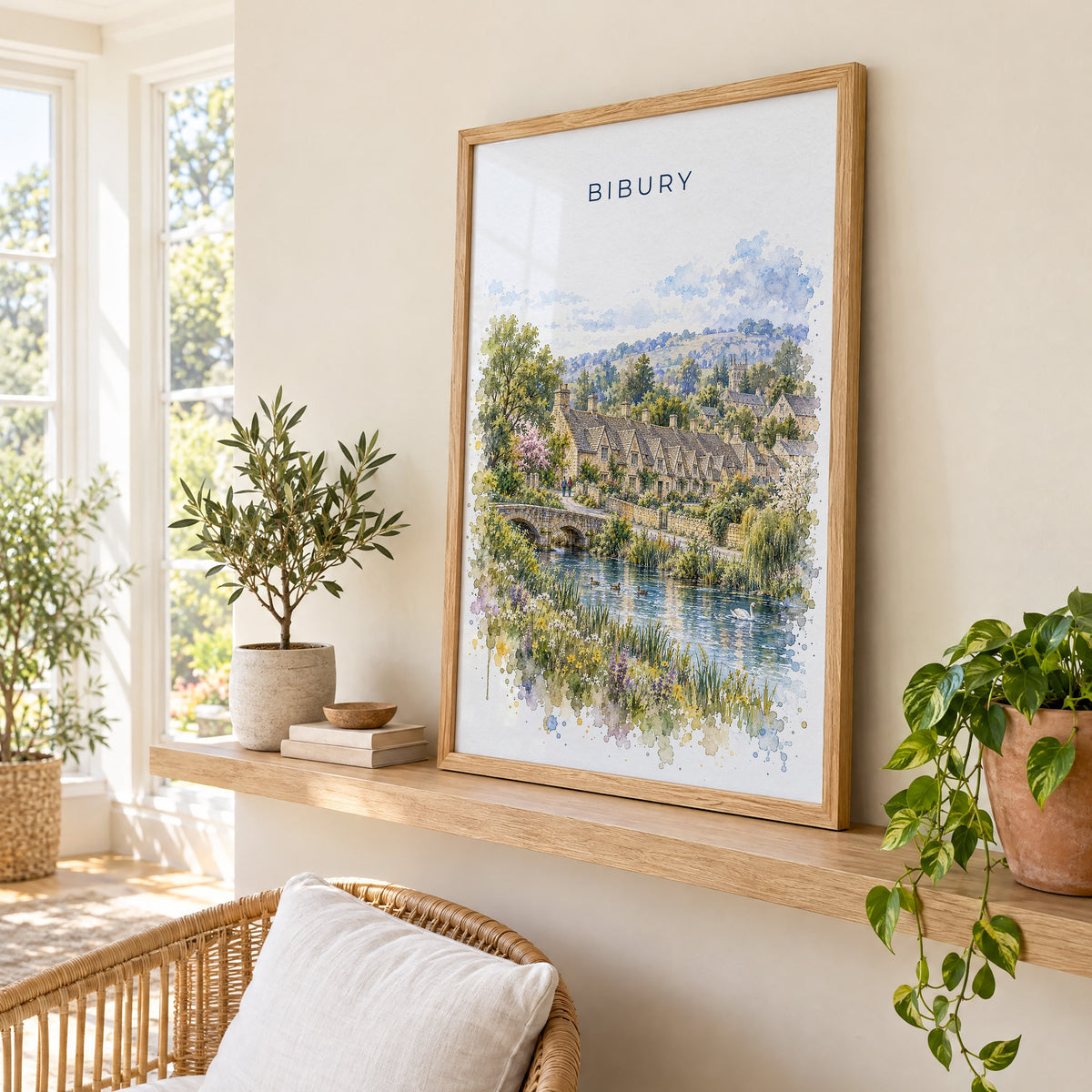 Bibury watercolor print in an oak frame on a picture ledge in a sunlit sunroom