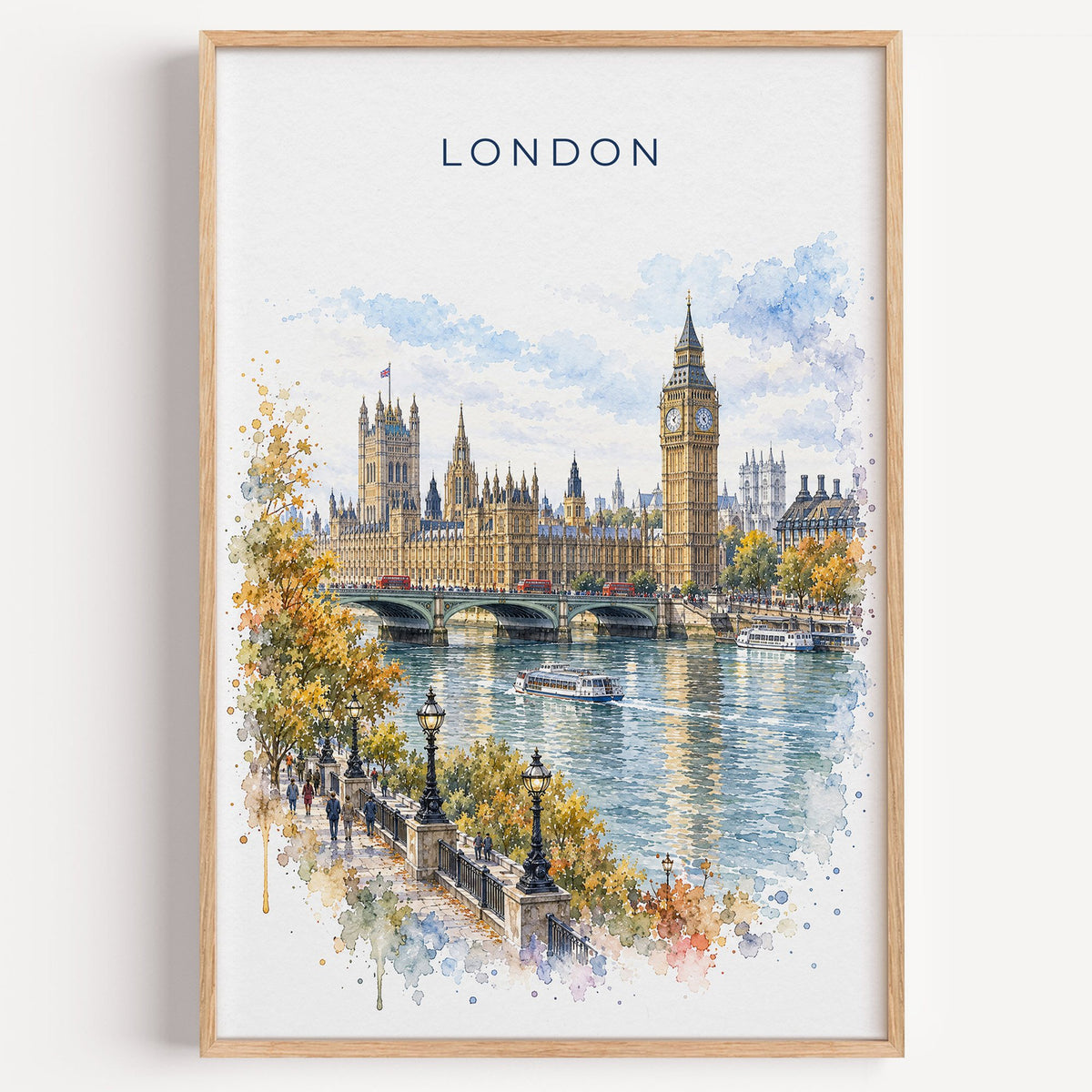 Big Ben watercolor print in a light oak frame on a plain white wall
