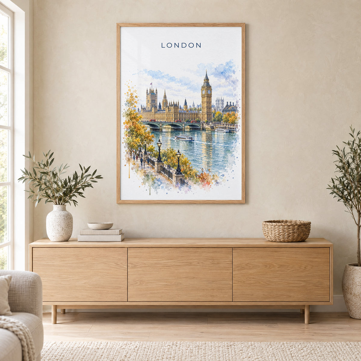 Big Ben watercolor print in an oak frame above a light wood sideboard in a Scandinavian living room