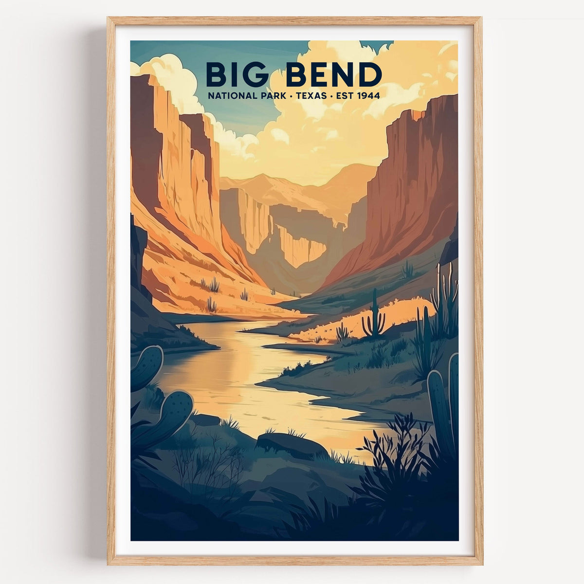 Big Bend National Park illustrated print: the Rio Grande between canyon walls, in an oak frame