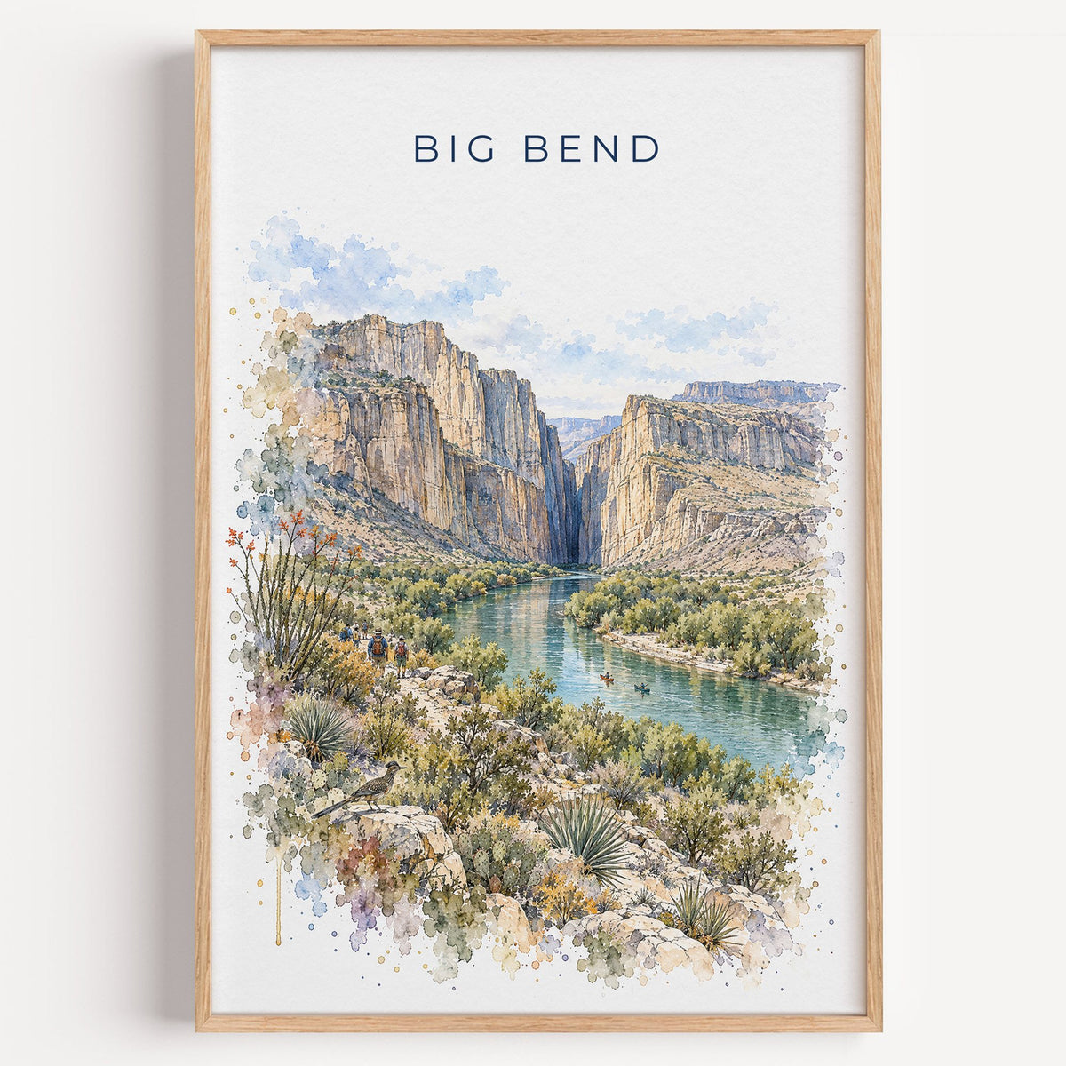 Big Bend National Park watercolor print in a light oak frame on a plain white wall