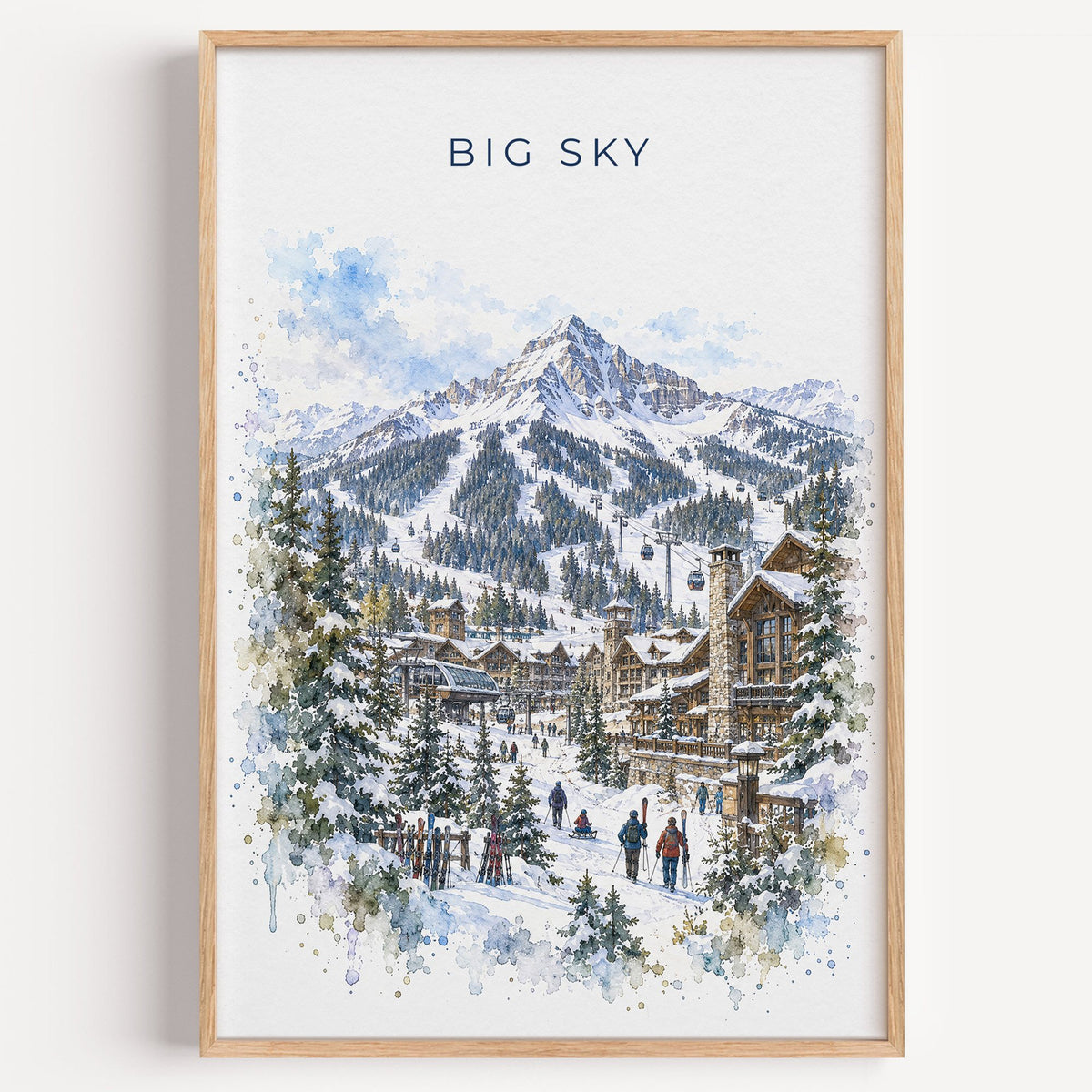 Big Sky watercolor print in a light oak frame on a plain white wall