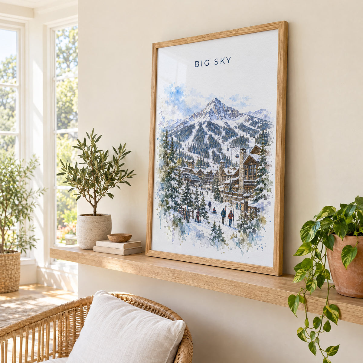 Big Sky watercolor print in an oak frame on a picture ledge in a sunlit sunroom