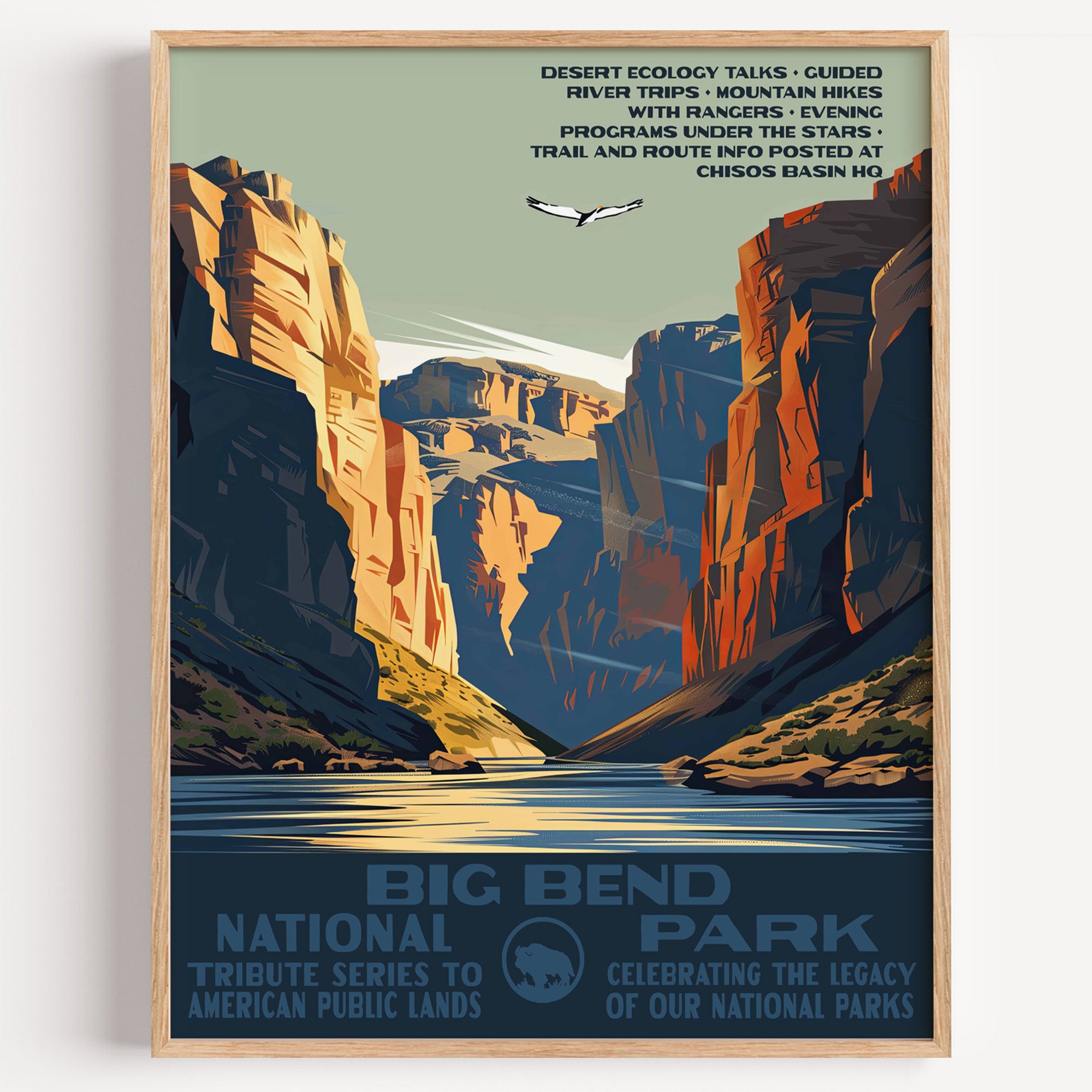 Big Bend National Park wall art print in a thin wood frame, the sheer walls of Santa Elena Canyon above the Rio Grande