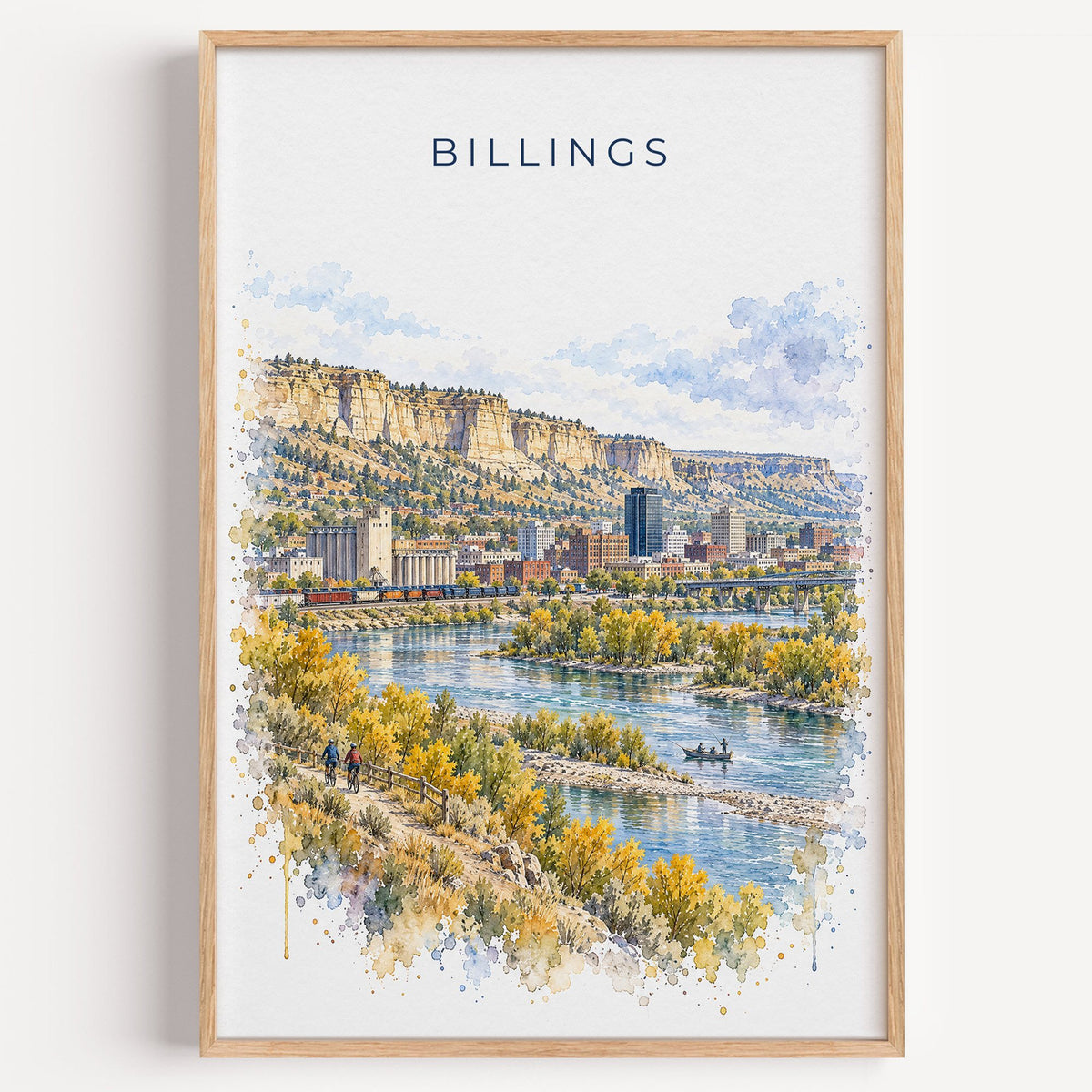 Billings watercolor print in a light oak frame on a plain white wall