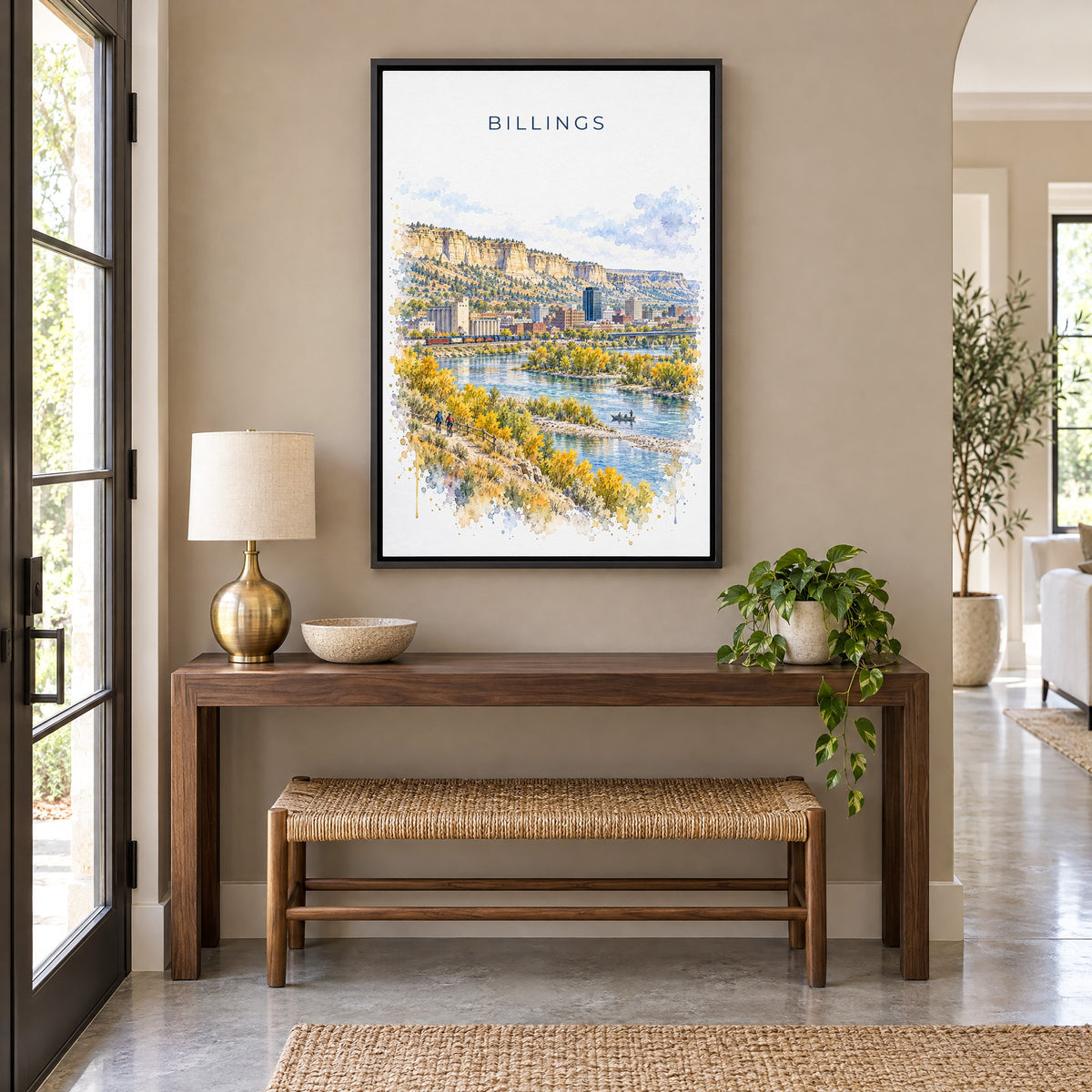 Billings watercolor print as a black floater canvas above a walnut console and woven bench in an entryway