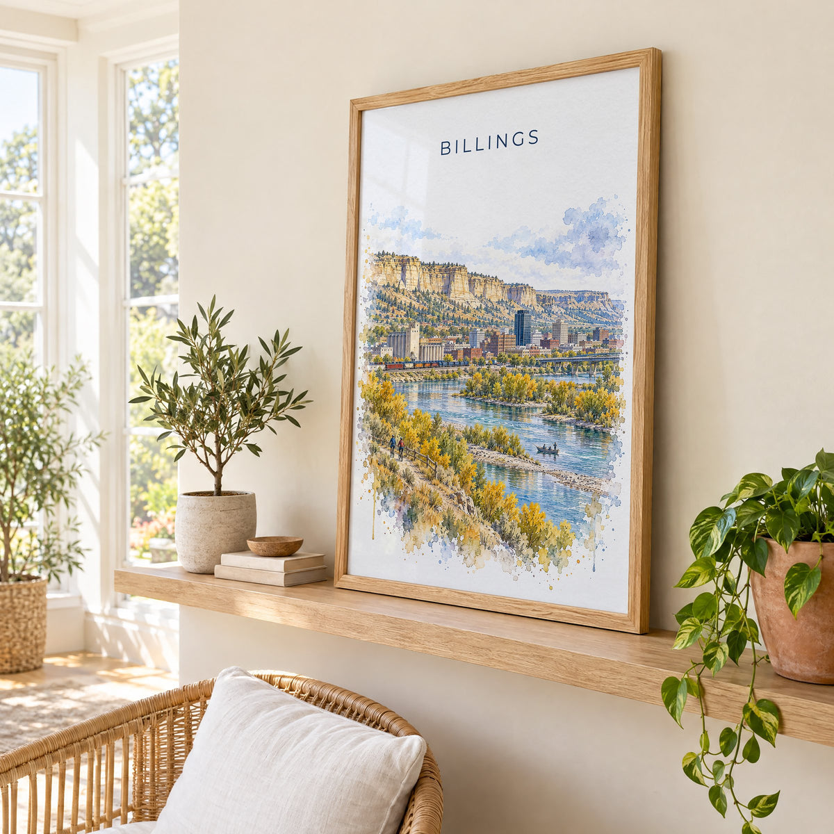 Billings watercolor print in an oak frame on a picture ledge in a sunlit sunroom