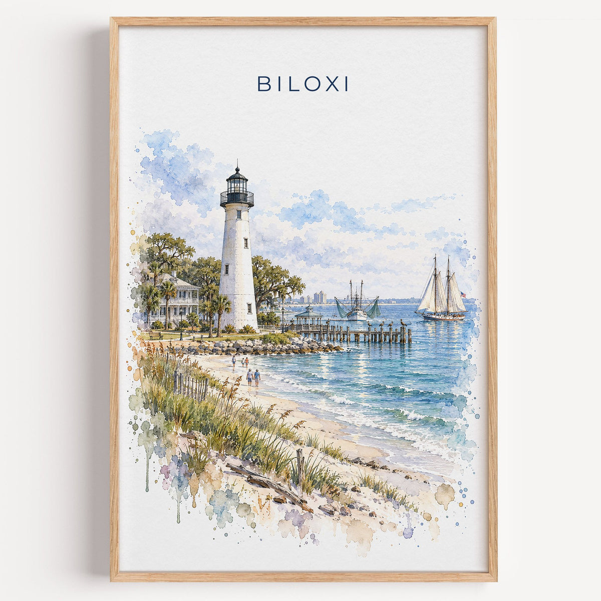 Biloxi watercolor print in a light oak frame on a plain white wall