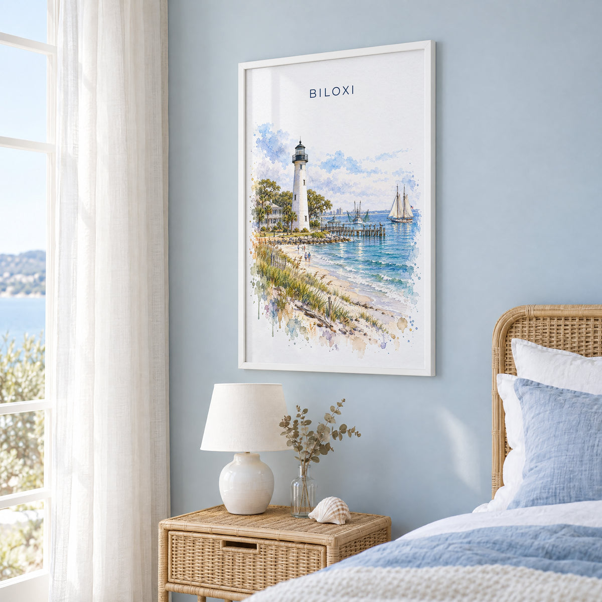 Biloxi watercolor print in a white frame on a pale blue wall beside a rattan bed in a coastal bedroom