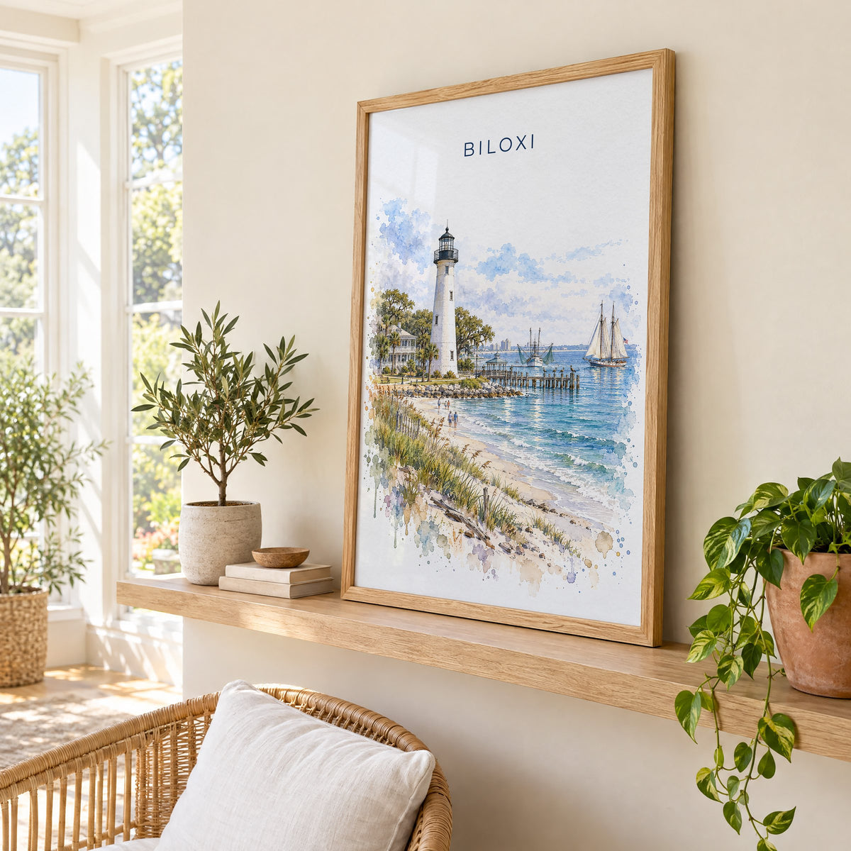 Biloxi watercolor print in an oak frame on a picture ledge in a sunlit sunroom