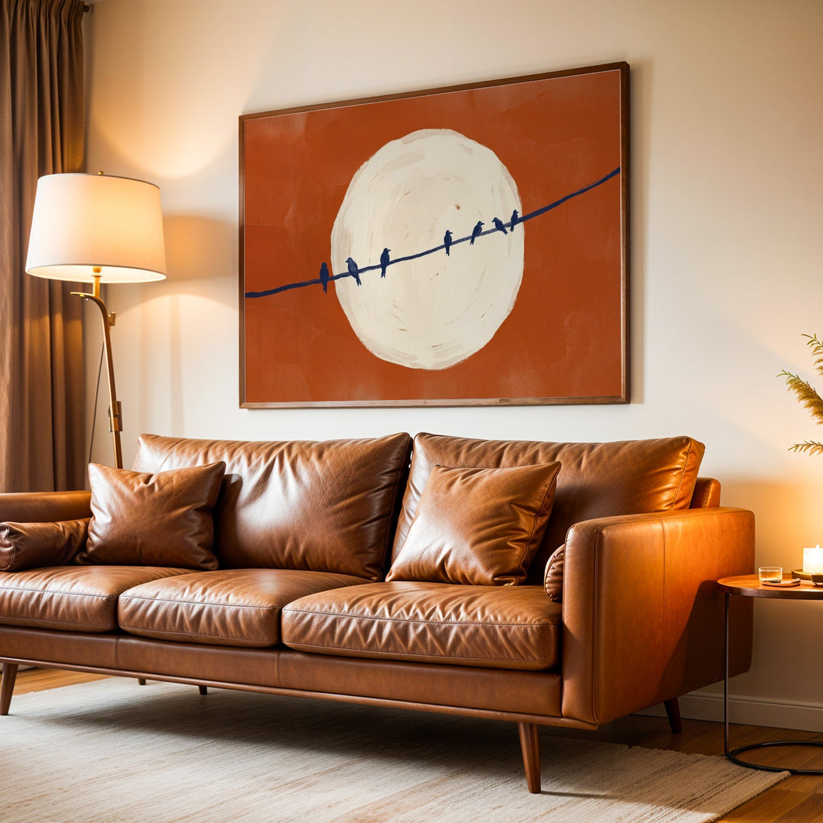 Moon and birds wall art print in a walnut frame above a leather sofa by lamplight