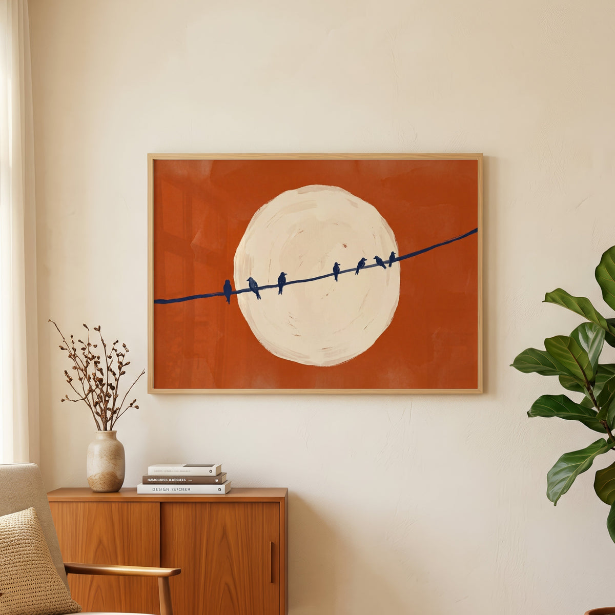 Birds on wire silhouette print in an oak frame above a teak sideboard beside a fig tree