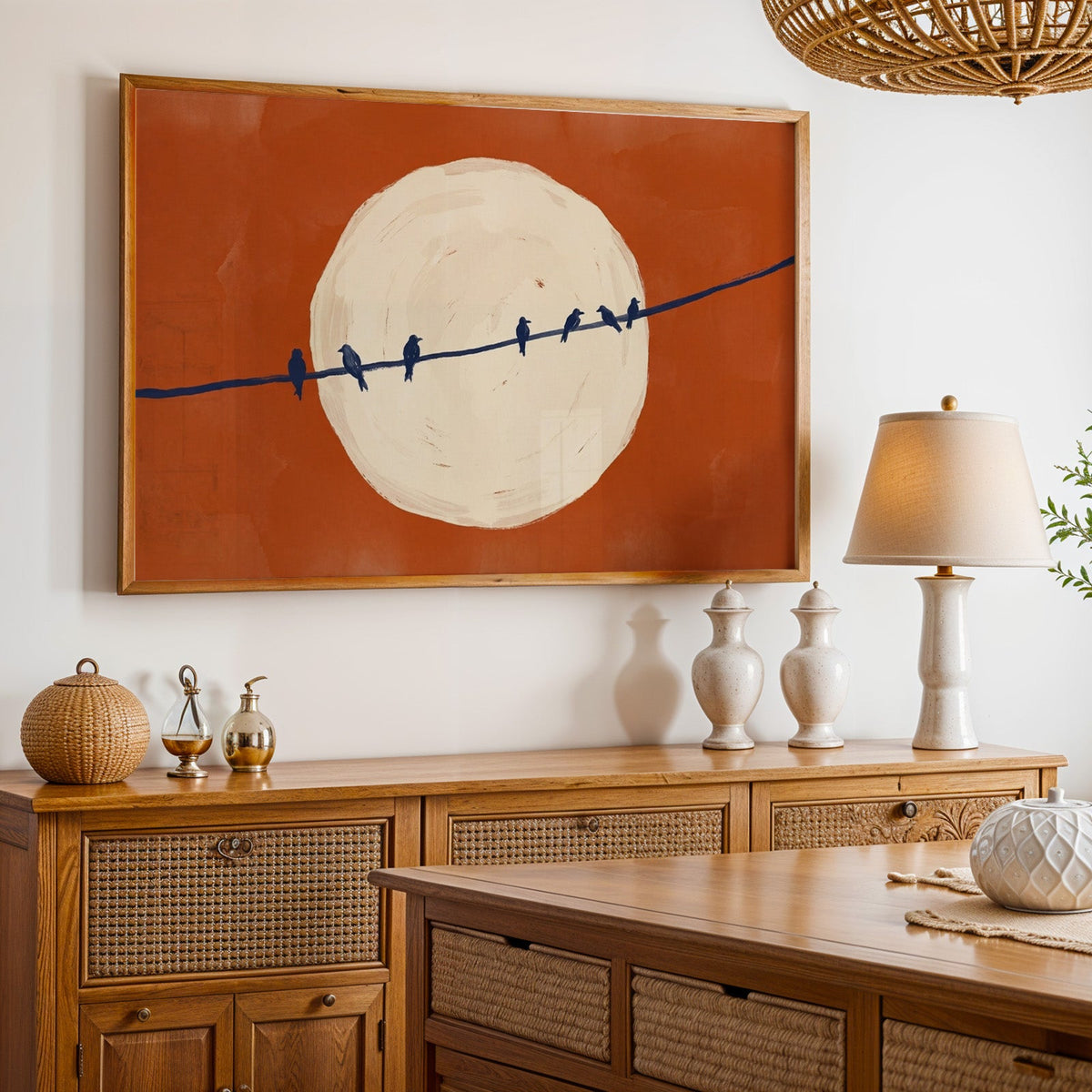 Rust and navy bird print in an oak frame above a cane sideboard with a table lamp