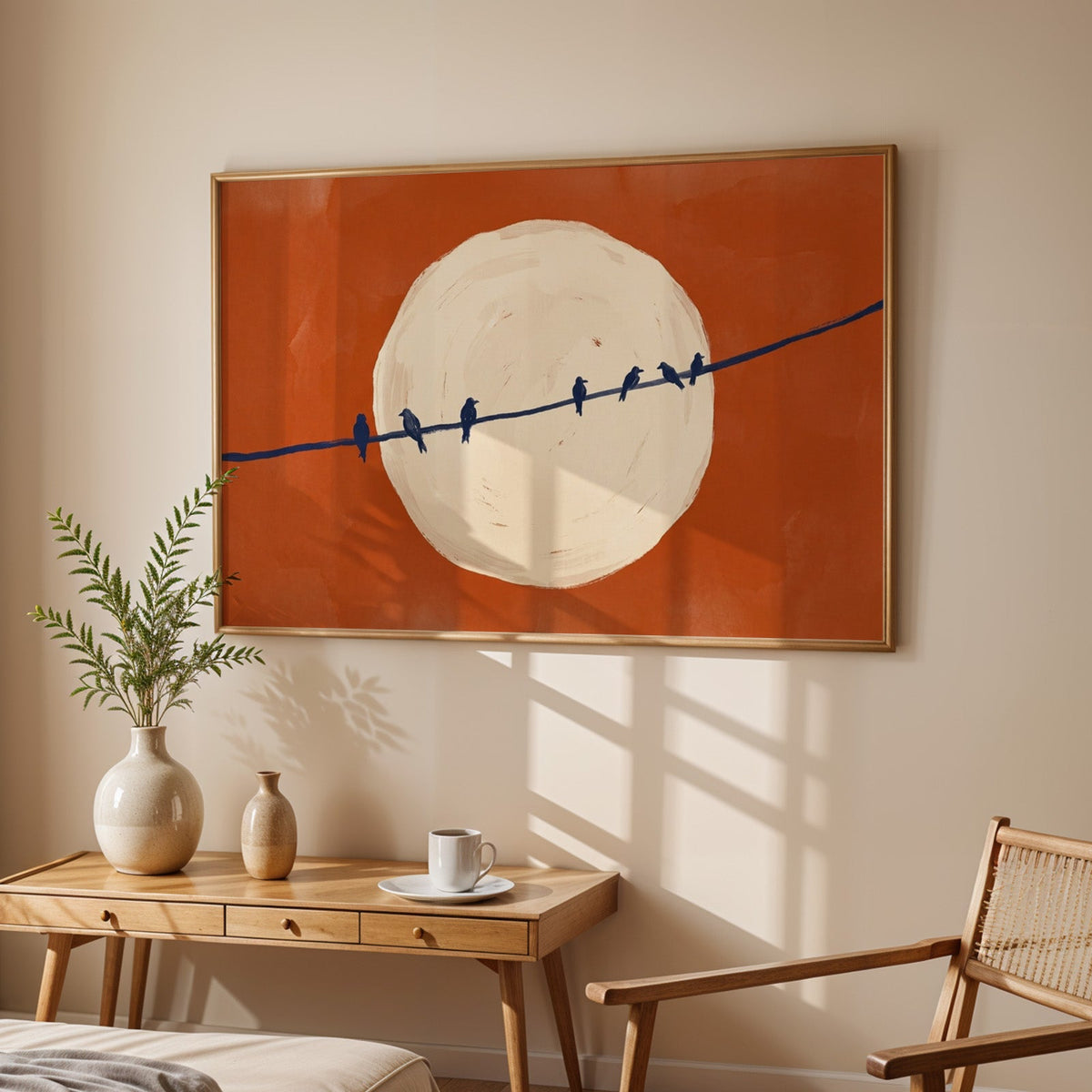 Moon and birds wall art print in an oak frame above a sunlit desk with a cane chair