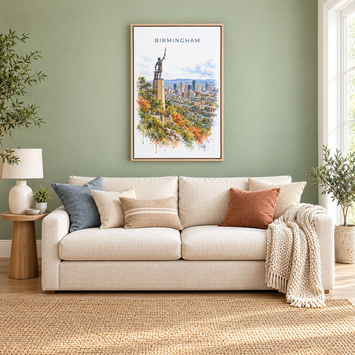 Birmingham, Alabama watercolor print as a natural floater canvas above a cream linen sofa on a sage green wall