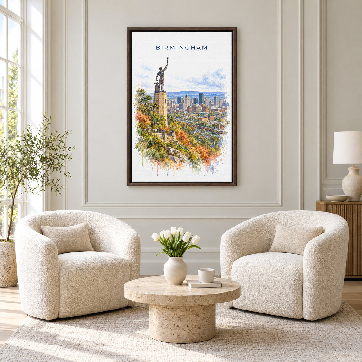 Birmingham, Alabama watercolor print as an espresso floater canvas above two boucle armchairs in a hotel lounge