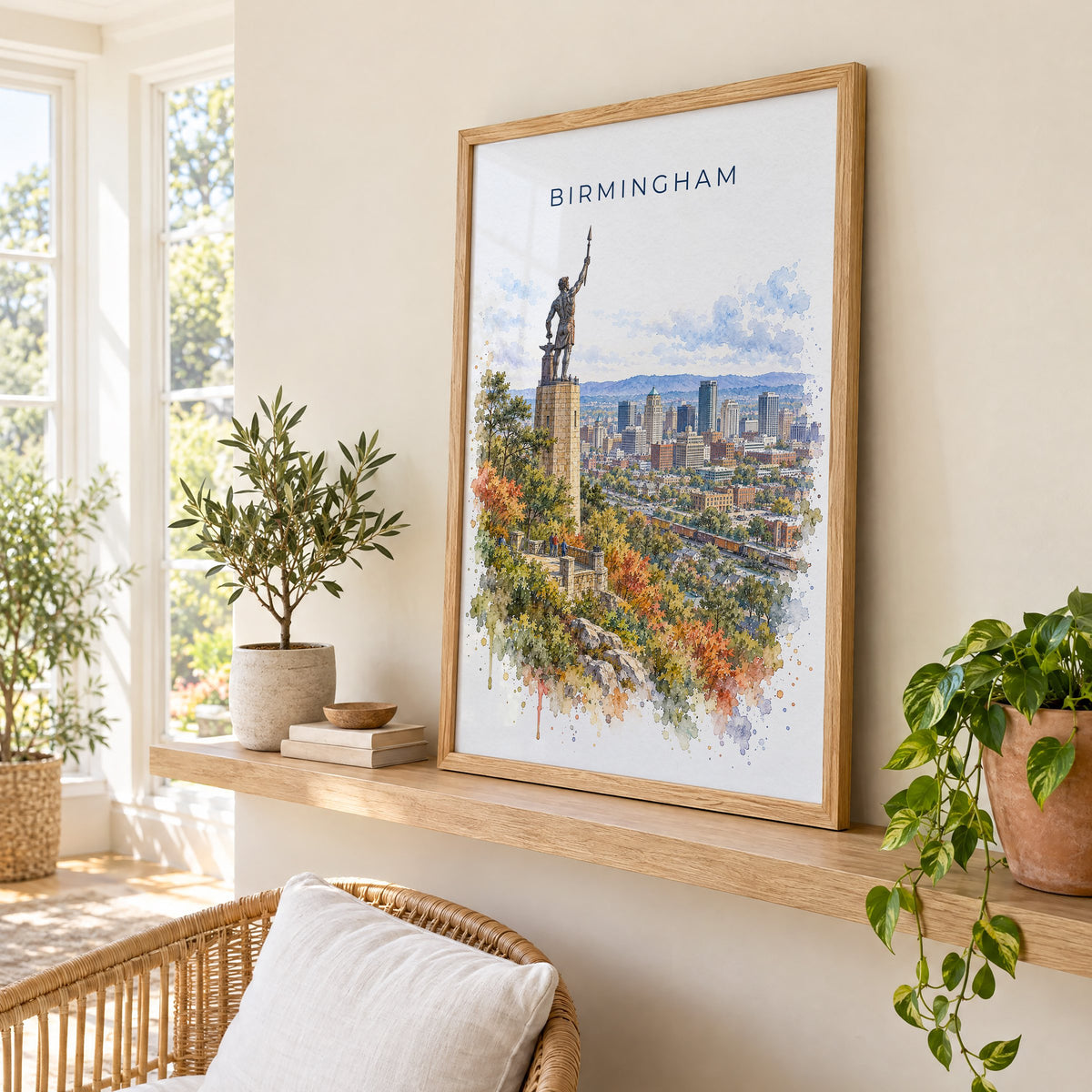 Birmingham, Alabama watercolor print in an oak frame on a picture ledge in a sunlit sunroom