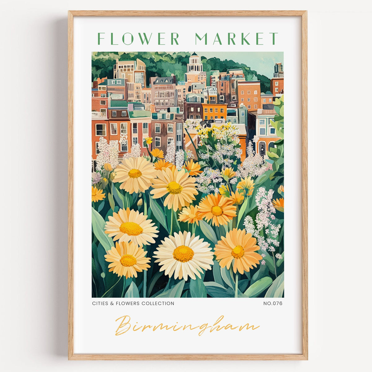 Birmingham flower market print in a light oak frame on a plain white wall